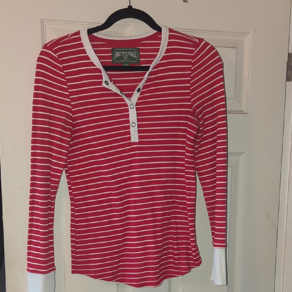 American Eagle Outfitters Red and White Striped Long Sleeve Tee
